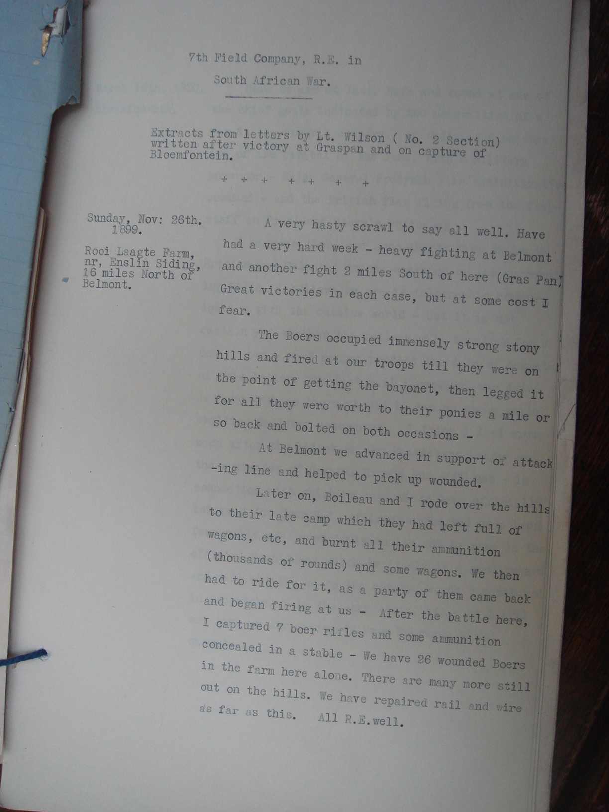 Extracts from letters of Lt Wilson No 2 Section after Capture of Bloemfontein Page 1